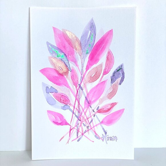 Funky Leaves Parade Original Watercolor Wall Art Painting 8x10in Matted - Picture 5 of 8